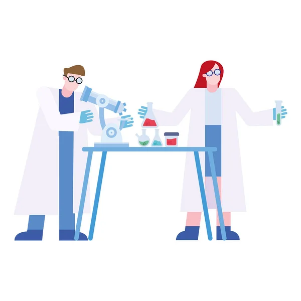 Chemický muž a žena s mikroskopem a baňky na stole vektorový design — Stockový vektor