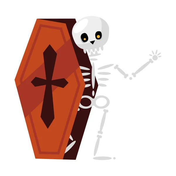 Dibujo animado del cráneo de Halloween en diseño de vectores de ataúd — Vector de stock