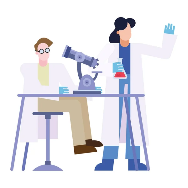 Kémiai férfi és nő mikroszkóppal és flaskával az asztali vektor tervezésénél — Stock Vector