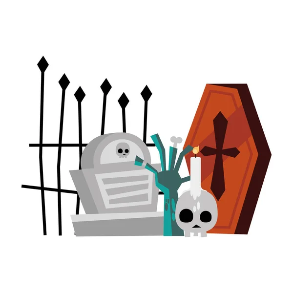 Halloween ataúd tumba zombi mano y cráneo vela vector diseño — Vector de stock