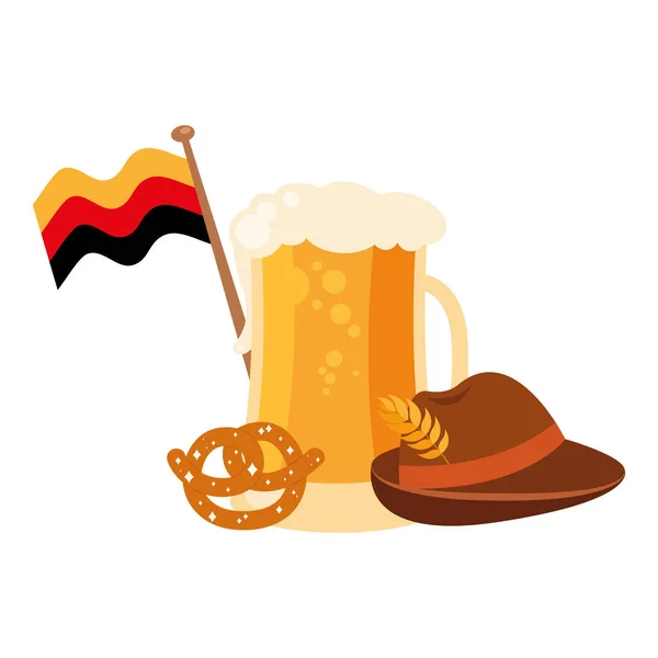 Oktoberfest bicchiere di birra con bandiera pretzel e cappello vettoriale design — Vettoriale Stock