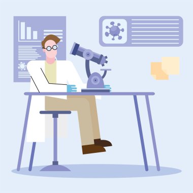 covid 19 virüs aşısı araştırması ve mikroskop vektör tasarımlı kimyasal adam