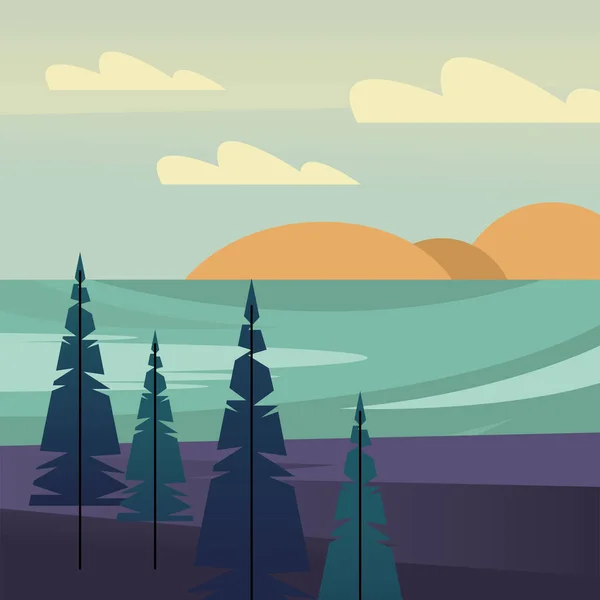 Paysage de pins devant la conception vectorielle de la rivière — Image vectorielle