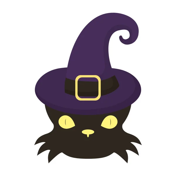 Halloween kočka černá hlava nosí čarodějnice klobouk plochý styl ikona — Stockový vektor