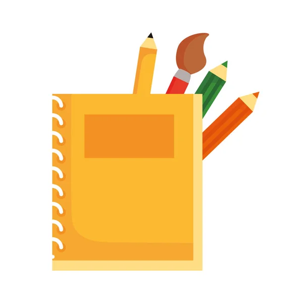 Notebook iskola színes ceruzák és ecset lapos stílusú ikon — Stock Vector