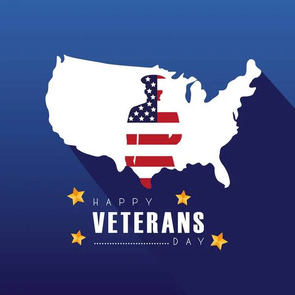 Boldog veteránok nap betűző tiszt sziluett az USA térképen — Stock Vector