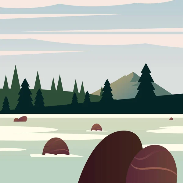 Paisaje del río frente a los pinos vector de diseño — Vector de stock