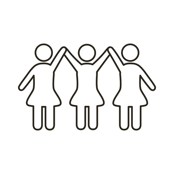 Groep vrouwelijke community figuren met handen omhoog lijn stijl pictogram — Stockvector