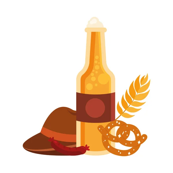 Garrafa oktoberfest com pretzel e design de vetor chapéu —  Vetores de Stock