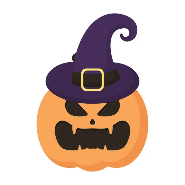 Halloween pumpkin wearing witch hat flat style icon — Stock Vector