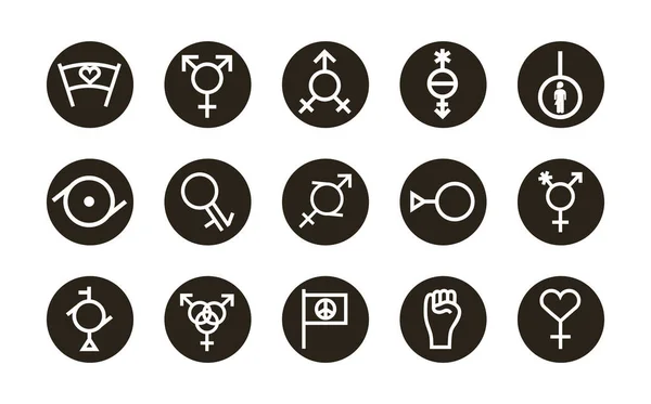 Bundle of fifteen gender symbols of sexual orientation block style icons — Stock Vector