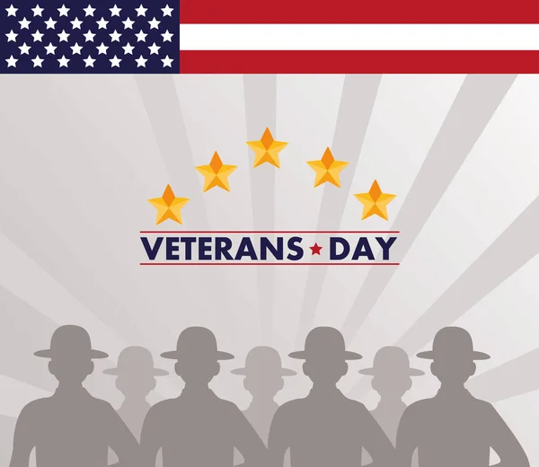 Boldog veteránok nap betű USA zászló és katonák sziluettek — Stock Vector