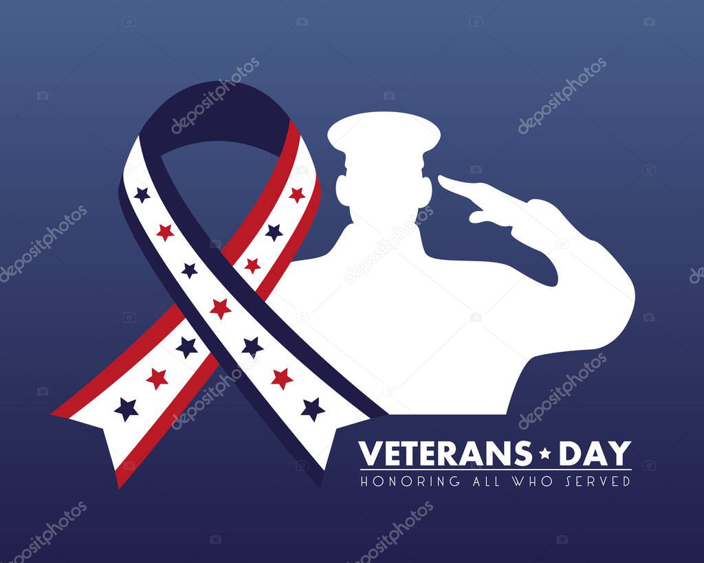 happy veterans day lettering with ribbon campaign and saluting soldier silhouette