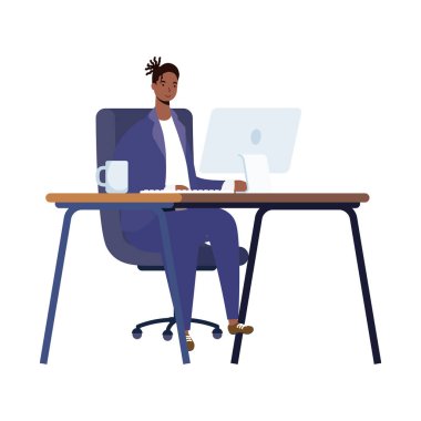 Masaüstü bilgisayar karakterinde çalışan afro etnik adam