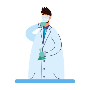 Erkek doktor tüp test tüpü laboratuarında tıbbi maske takıyor.