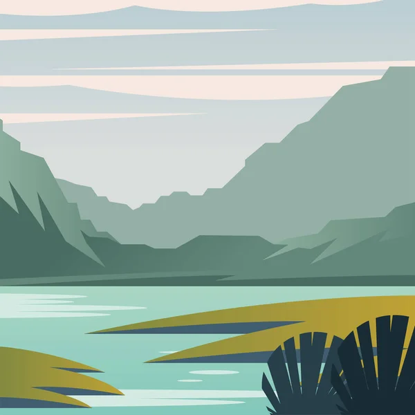 Paisaje de montañas y diseño de vectores de lago — Vector de stock