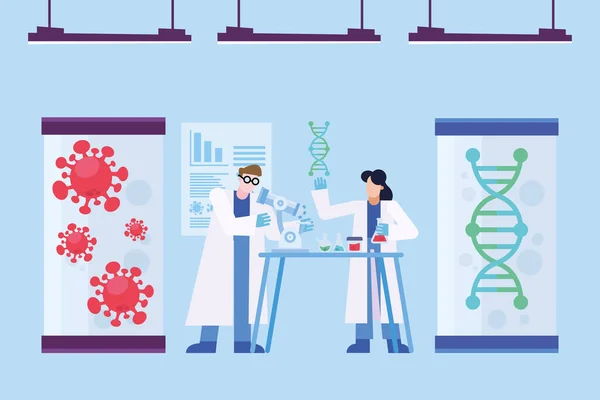 고열 19 바이러스 백신 연구 및 dna 벡터 설계를 가진 화학 여성 남자 — 스톡 벡터