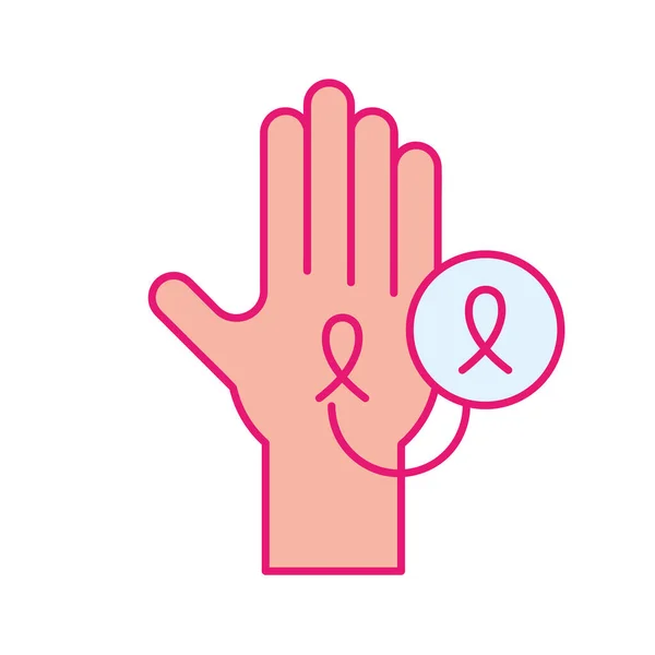 Breast cancer ribbon on hand line and fill style icon vector design — Stock Vector