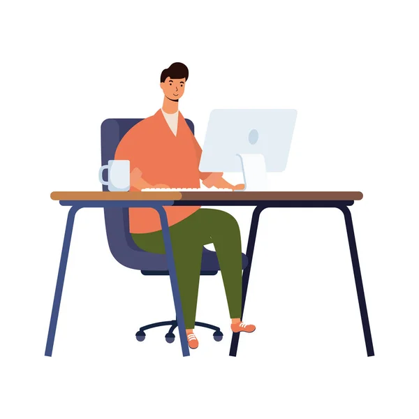 Young man working in desktop in workplace scene — Stock Vector