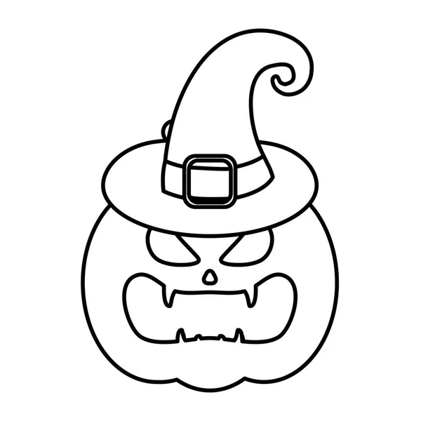 Citrouille halloween portant chapeau de sorcière style ligne icône — Image vectorielle