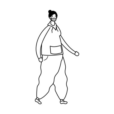 Tıbbi maske takan genç adam karakter çizgisi