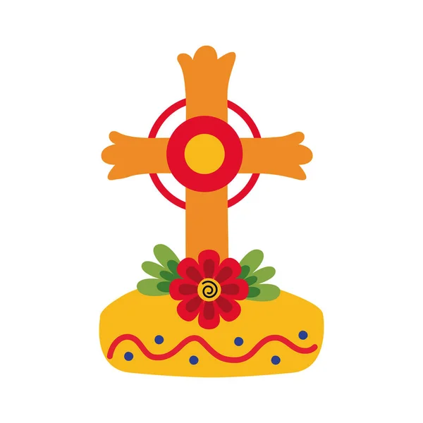 Dia de los muertos croix de tombe avec fleur style plat — Image vectorielle