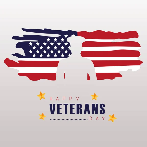 Heureux lettrage de jour des anciens combattants avec drapeau américain peint et silhouette de l'officier — Image vectorielle