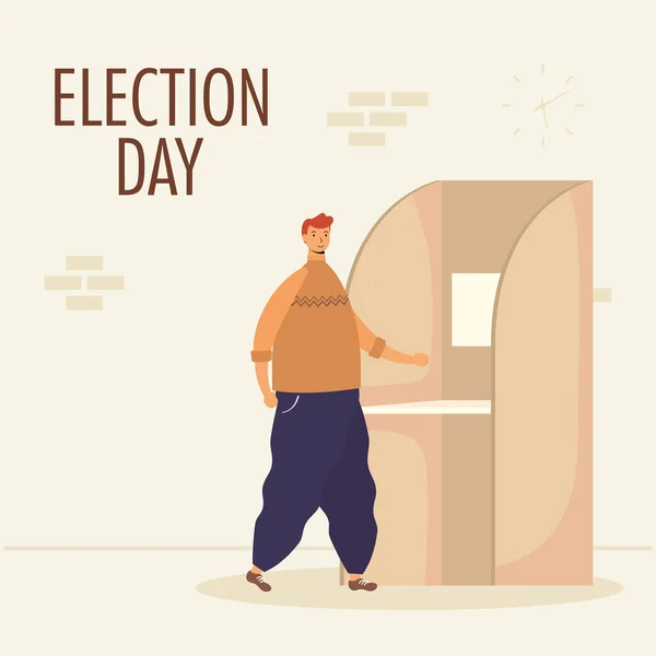 Választási nap betű a szavazófülkében ülő fiatalemberrel — Stock Vector