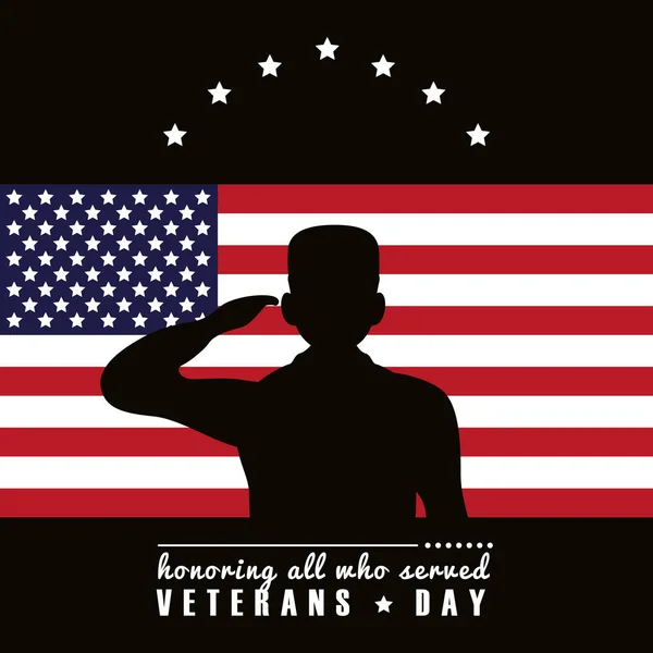 Boldog veteránok nap betű USA zászló és tisztelegő katona — Stock Vector