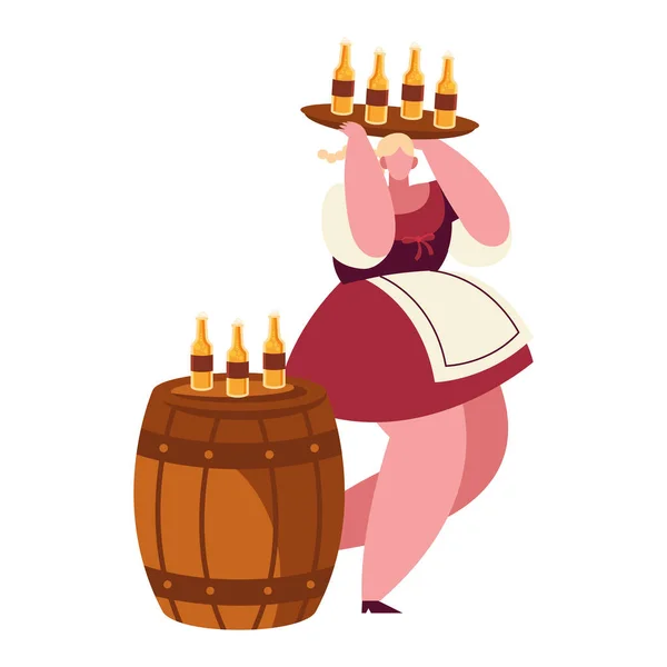 Oktoberfest mujer de dibujos animados con botellas de cerveza y diseño de vectores de barril — Vector de stock