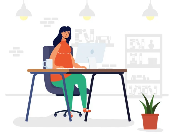 Wanita muda menggunakan desktop dalam adegan tempat kerja - Stok Vektor