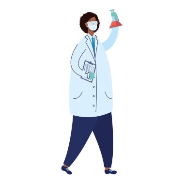 Tıbbi maske takan tüp test tüpü laboratuvarı olan afro kadın doktor