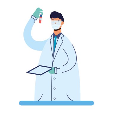 Erkek doktor tüp test tüpü laboratuarında tıbbi maske takıyor.