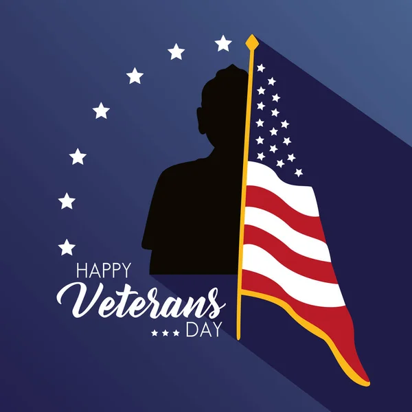 Lettrage heureux de jour des anciens combattants avec drapeau des Etats-Unis et silhouette du soldat — Image vectorielle