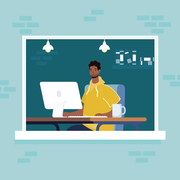 Afro man met behulp van computer desktop in de werkplaats venster scène — Stockvector
