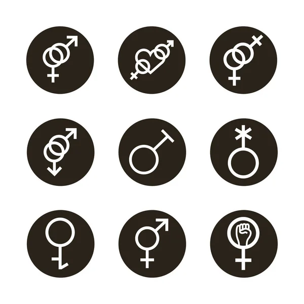 Bundel van negen geslacht symbolen van seksuele geaardheid blok stijl pictogrammen — Stockvector