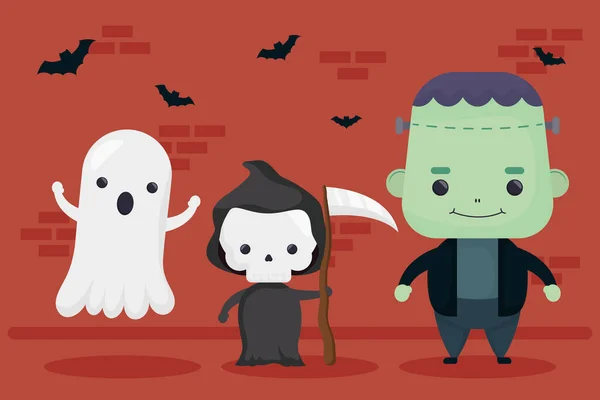 Feliz Halloween Frankenstein y fantasma con personajes de la muerte — Archivo Imágenes Vectoriales