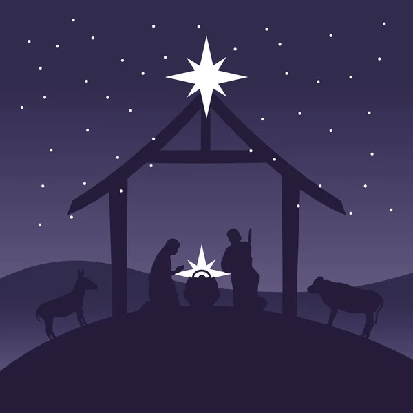 Gelukkig vrolijk kerstmis kribbe scene met heilige familie in stal en dieren nacht — Stockvector