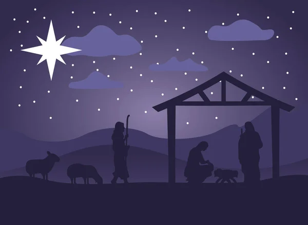 Boldog karácsonyt jászol jelenet szent család istállóban és állatok éjszaka — Stock Vector