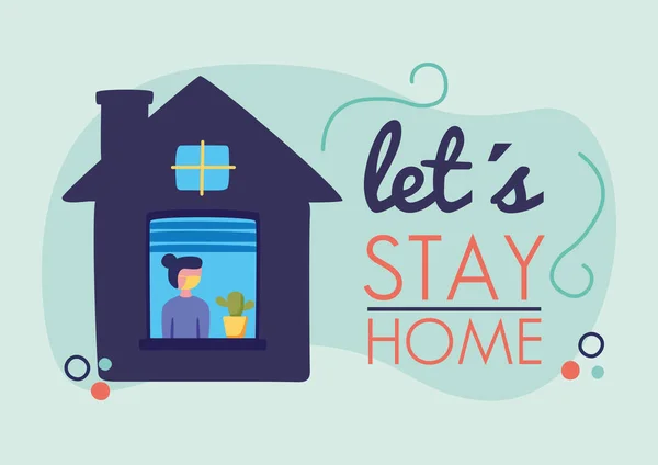 Μείνετε σπίτι εκστρατεία επιστολόχαρτα με γυναίκα στο σπίτι — Διανυσματικό Αρχείο