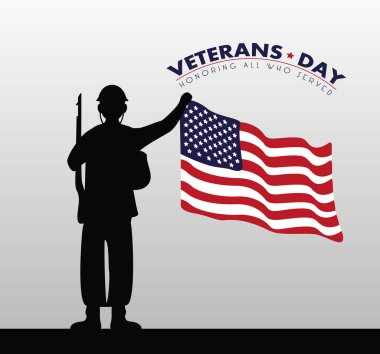 Amerikan bayrağı ve asker siluetiyle mutlu gaziler günü.