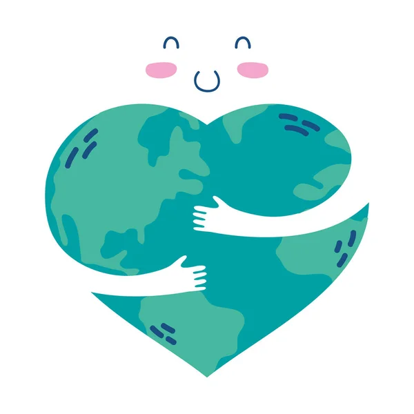Wereld planeet aarde met hartvormige kawaii karakter — Stockvector