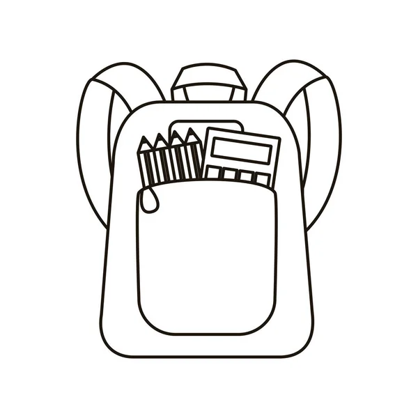 Bolsa de la escuela con calculadora y lápices colores icono de estilo plano — Vector de stock