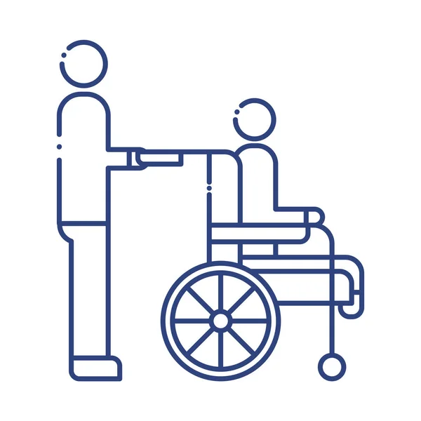 Aide avec l'homme en fauteuil roulant icône de style de ligne handicapés — Image vectorielle