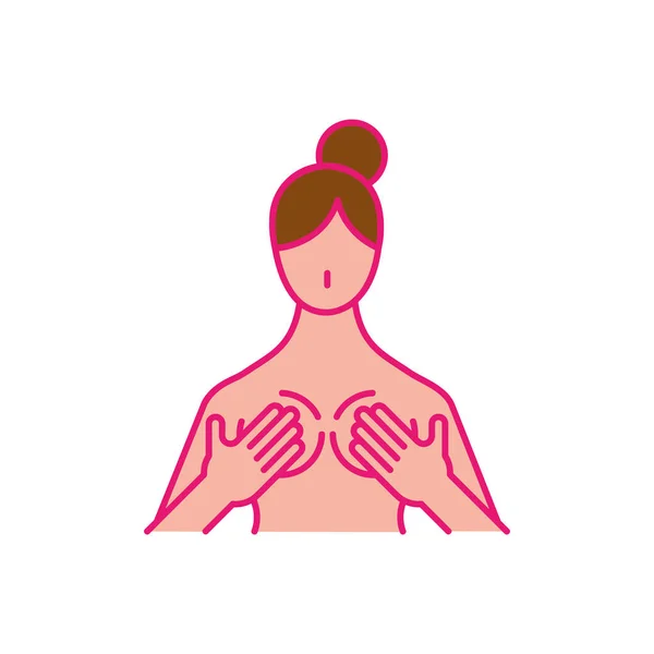 Rakovina prsu žena dělá sama zkouška linie a výplň styl ikony vektor design — Stockový vektor