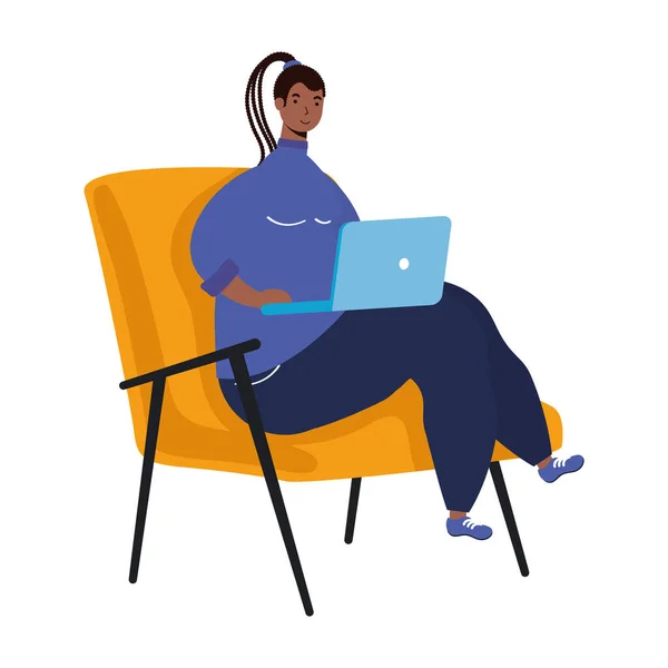 非洲裔妇女，头型稀疏，在笔记本电脑上工作，坐在沙发上 — 图库矢量图片