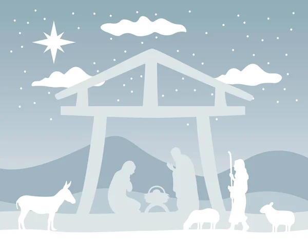 Feliz alegre Natal manjedoura cena com santa família em estável e animais silhuetas — Vetor de Stock