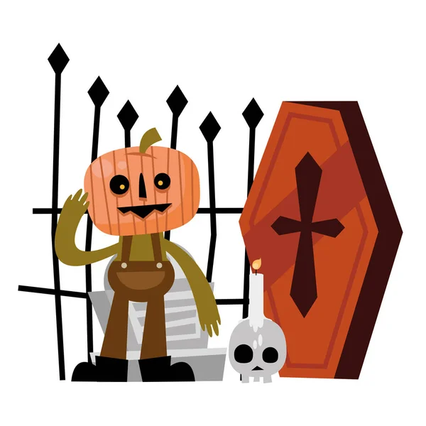 Halloween pumpkin cartoon grave and coffin vector design — Stock Vector