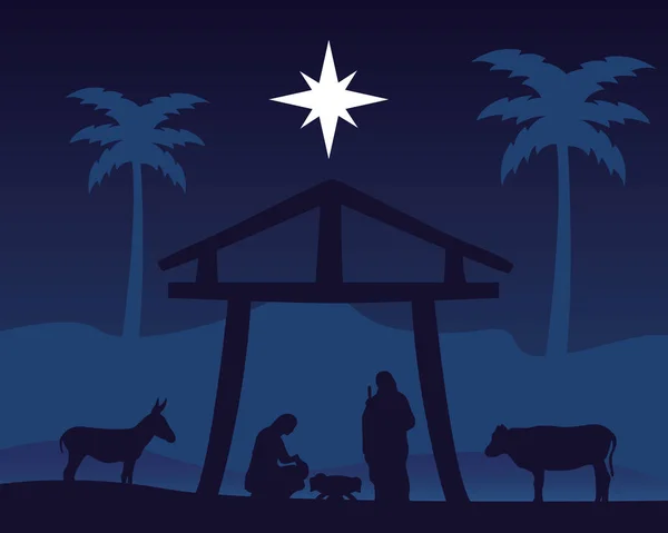 Feliz feliz feliz Navidad pesebre escena con sagrada familia en establo y animales noche — Archivo Imágenes Vectoriales