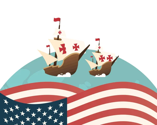 Christopher Columbus schepen op zee met Amerikaanse vlag vector ontwerp — Stockvector